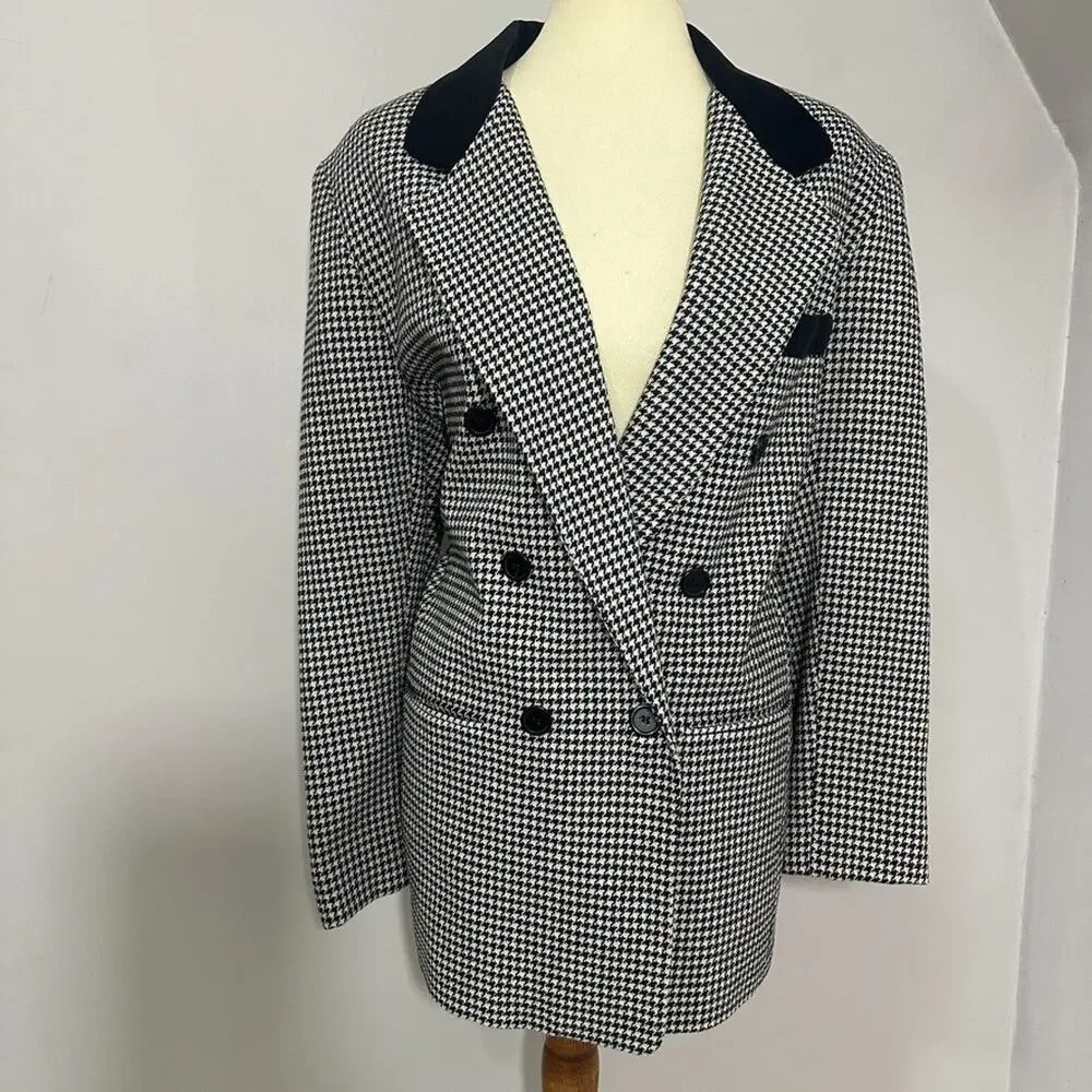 Vintage Womens Houndstooth Double Breasted Blazer Sz L Preppy Old Money Velvet - Picture 3 of 8